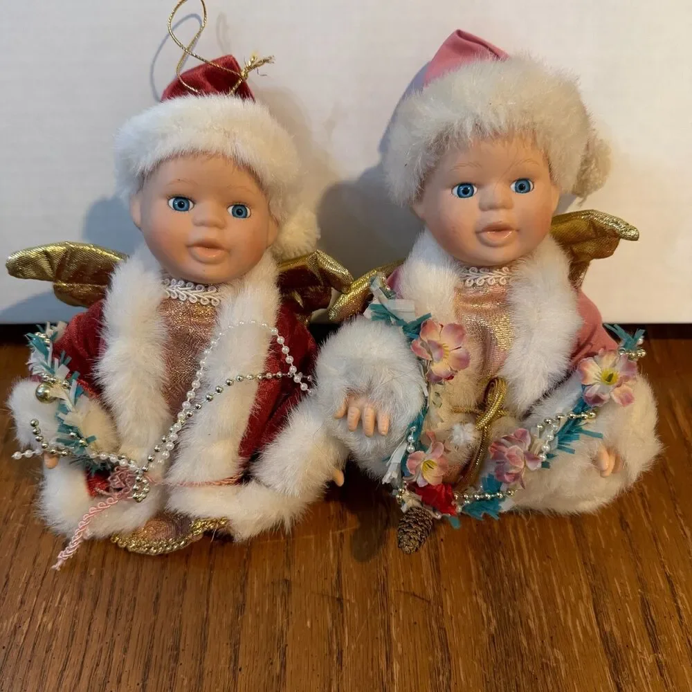 Vintage Pair Porcelain Angel Christmas Dolls Red Pink Gold Wings Holiday Decor